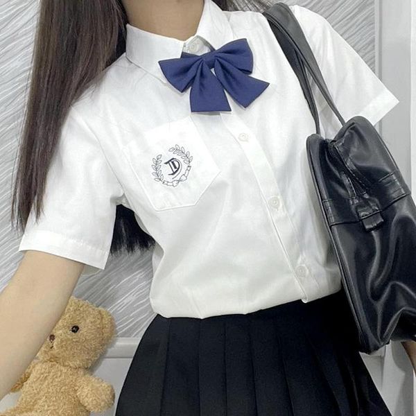 

clothing sets [field] women summer slim v neck short sleeve shirt embroidery jk school uniform blouses student clothes, White