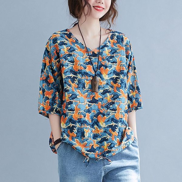 

women cotton linen casual t-shirts new arrival summer vintage style v-neck floral print loose female tees s3673 210412, White