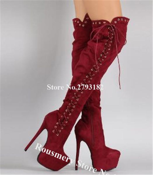 

boots western fashion women round toe suede leather over knee high platform side lace-up wine red long heel, Black