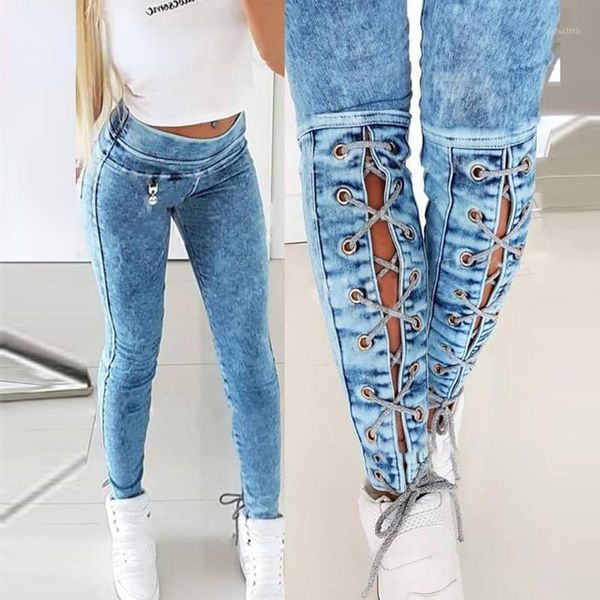 

women's jeans 2021 product solid color lace-up slim-fit, Blue