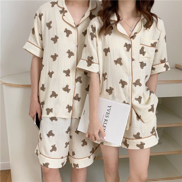 

women's sleepwear 100% cotton funny bear homewear couple sleepwear women pajama set summer 2 piece gauze breathable pyjamas shorts, Black;red