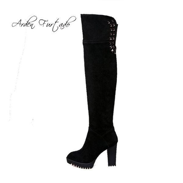 

boots arden furtado fashion women's shoes winter 2021 pointed toe chunky heels zipper platform over the knee thigh high rivets, Black