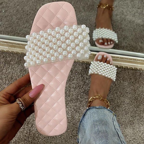 

slippers flat shoes female ladies' low slipers women big size string bead 2021 beach rubber slides pu hoof heels basic fabric, Black