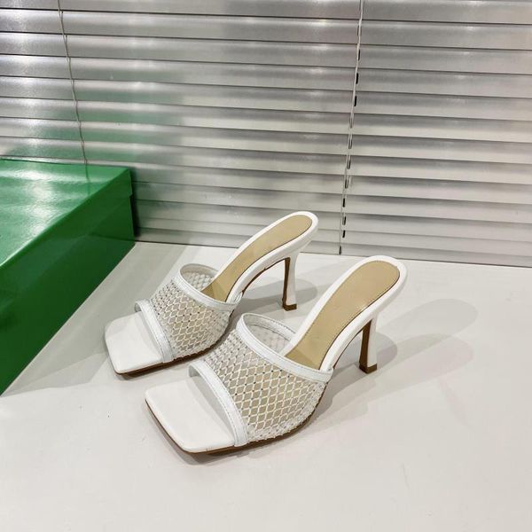 

2021 ladies summer slippers, open-toed stilettos suitable for mature women, mesh hollow stilettos, Black