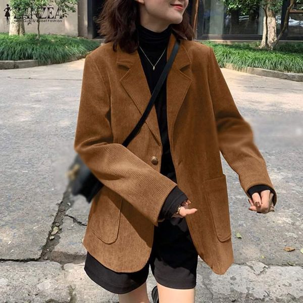 

women's suits & blazers spring autumn corduroy lapel outwear women solid blazer vintage long sleeve cardigans lady casual baggy jacke, White;black