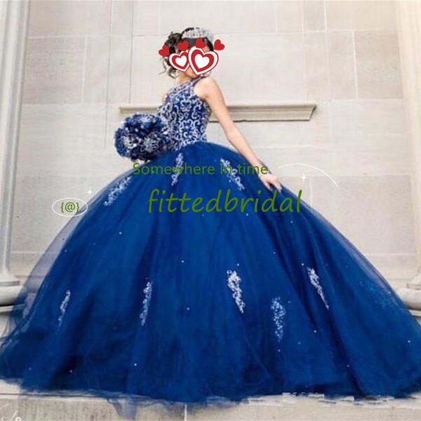 

elegant beaded crystals lace quinceanera prom dresses sheer neck tulle ball gown evening party sweet 16 dress robes de soiree, Blue;red