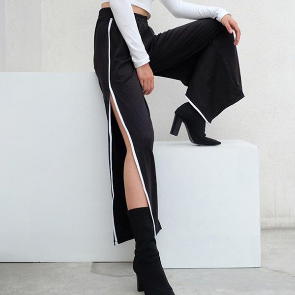 

women's pants & capris women loose long pant outwear fashion black high waist wide leg streetwear party personality split strap harajuk, Black;white