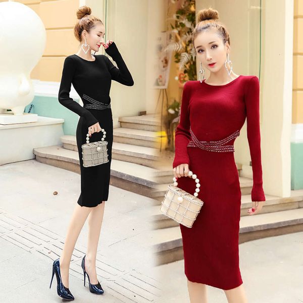 

casual dresses dress women clothes knitted medium length diamond belt slim bag buttocks skirt fur autumn and winter bottom hi57, Black;gray