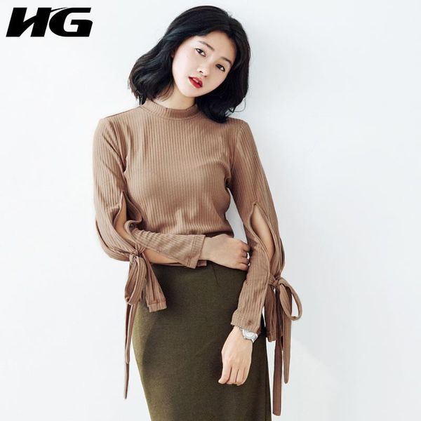 

women's sweaters [hg] 2021 spring arrival o-neck flare full sleeve bandage solid color female sweater pullover bottom women dll2409, White;black