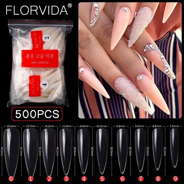 

false nails florvida 500pcs kit full cover nail tips super long fake transparent acrylic ongle professional suppliers, Red;gold