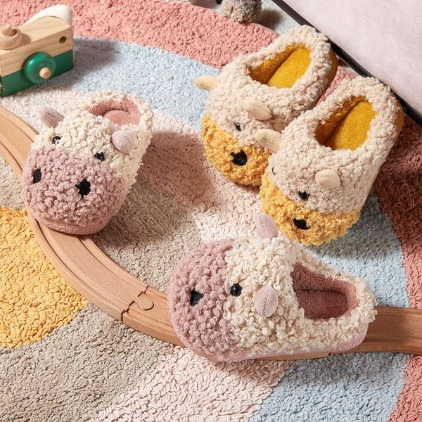 

slipper family toddlers kids slippers winter plush boys girls shoes 2021 warm cartoon home indoor soft flock flats, Black;grey