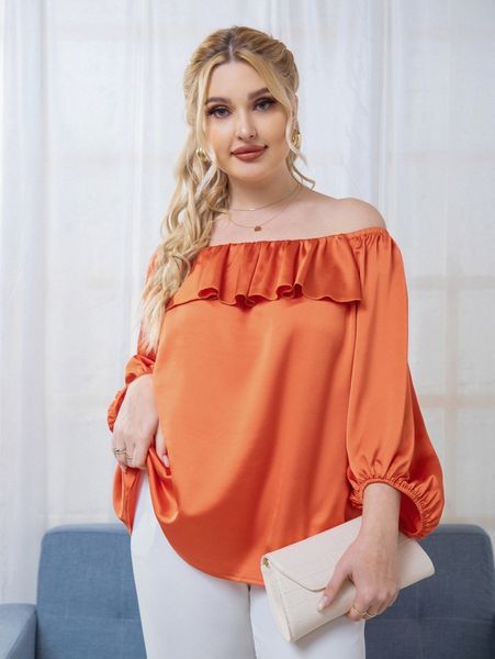 

plus off shoulder ruffle trim lantern sleeve blouse e9f1#, Black