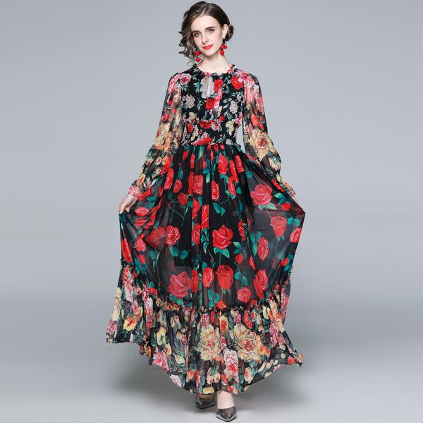 

casual dresses springsummer 2021 elegant female temperament lace collar printed chiffon sleeve long vacation cultivate morality ed, Black;gray