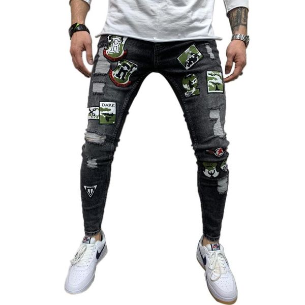 

men's jeans shzq 2 styles men stretchy ripped skinny biker embroidery print destroyed hole taped slim fit denim scratched high quality, Blue