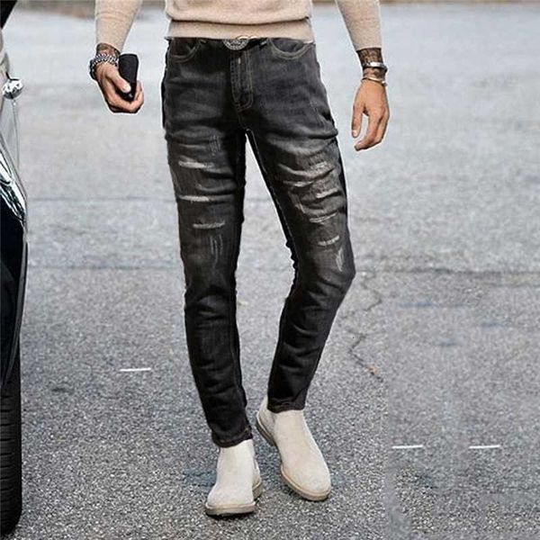 

men's pants fashion men holes skinny jeans pencil solid destruction streetwear hip hop stretch slim mens casual denim trousers 3kqu, Black