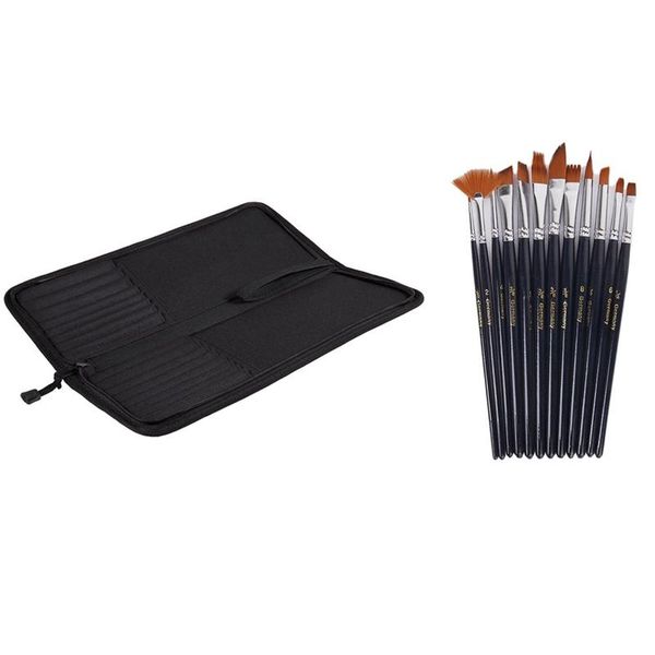 

pencil bags foldable oxford cloth zipper artist brush bag case holder - black with 12pcs nylon hair watercolor oil painting pen