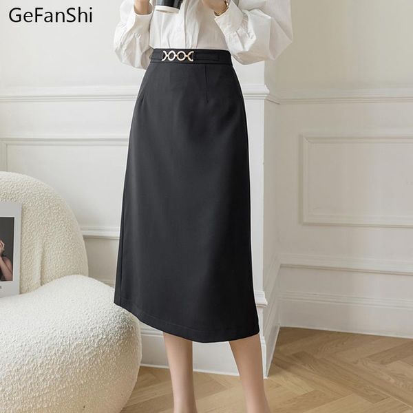 

spring summer chain high waist skirts fashion women's midi skirt office ladies cute slim knee-length black