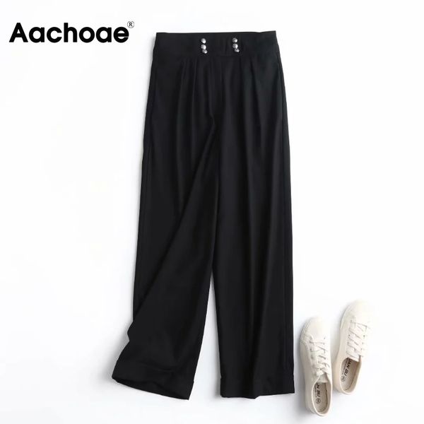 

aachoae fashion women black wide leg pants high waist loose pleated trousers female zipper fly casual solid long pants 210413, Black;white