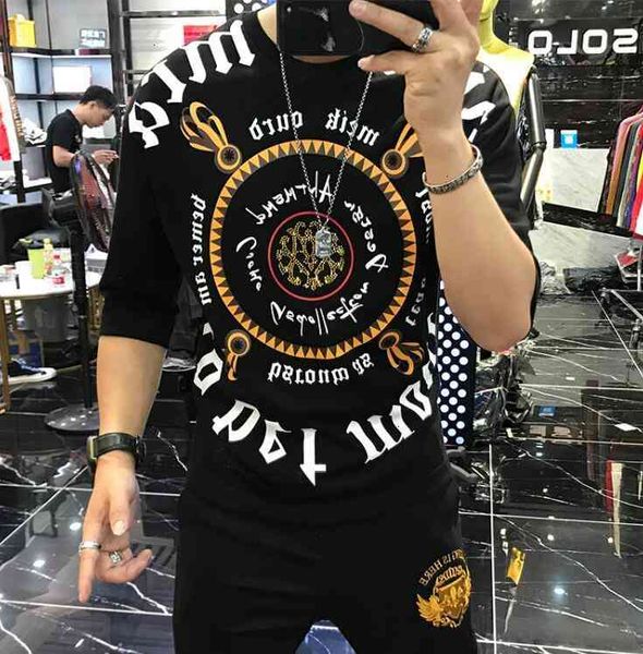 

men's tshrit autumn personalized fashion brand heavy technology stamping letter printing round neck short sleeve t uklq, White;black