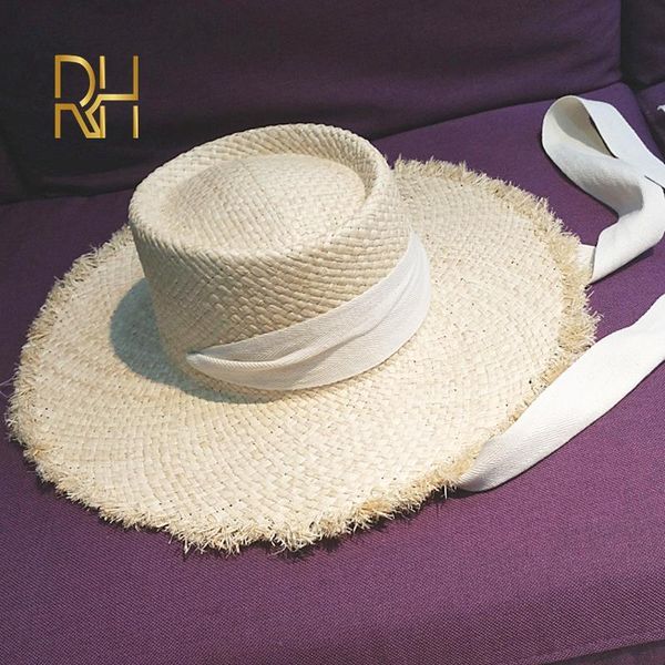 

raffia concave round sunshade trip travel straw cap black white cotton lace band handmade wide brim hat hats, Blue;gray