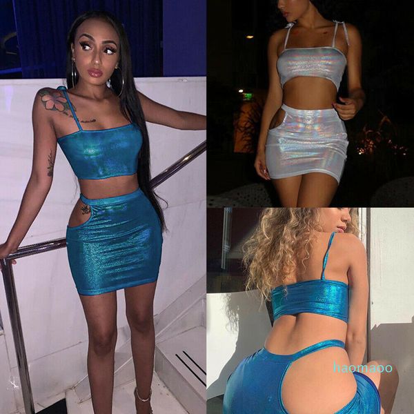 

two piece dress fashion- new shiny womens 2 set long sleeve crop +skirts summer lady girl clubwear evening nbgx, White