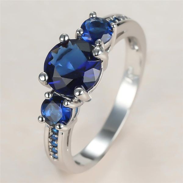 

classic female blue crystal stone ring charm silver color wedding rings for women dainty bride round zircon engagement, Slivery;golden