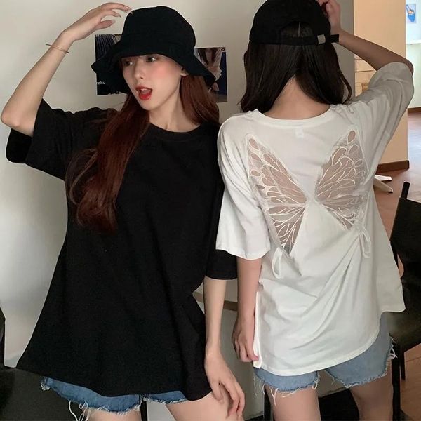 

women's t-shirt lady mesh spliced black white streetwear harajuku basic cotton women hollow embroidery butterfly gothic t shirt 2021 su
