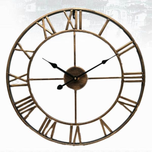 

wall clocks 40/47cm nordic metal roman numeral retro iron round face black gold large outdoor garden clock home decoration