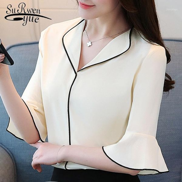

fashion women blouses 2021 v-neck chiffon blouse shirt flare shirts summer and 3404 50 women's &, White
