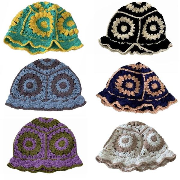 

wide brim hats cotton knit fisherman hat women all-match hollow flower color matching fashion accessories, Blue;gray