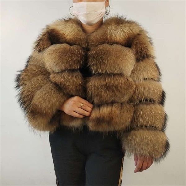 Beizaru Real Raccoon Argento Cappotto di pelliccia Plus Size Vestiti Naturali Inverno Donne Inverno Collo rotondo Stile spessore Plus-Size 210928