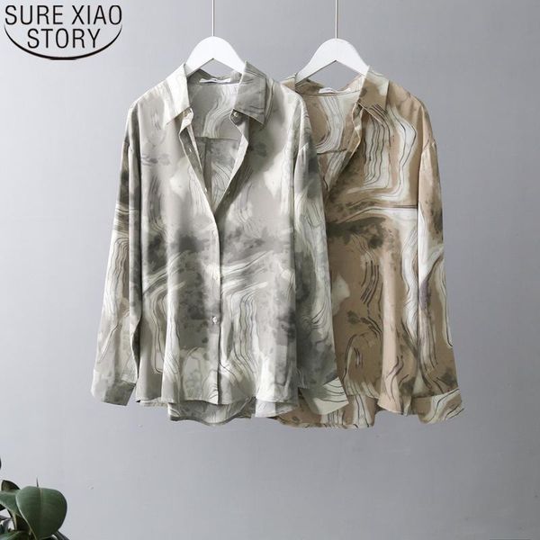 

fashion long shirts vintage sleeve blouses ink print shirt women sunscreen 2021 autumn collar loose blusas 11309 women's &, White