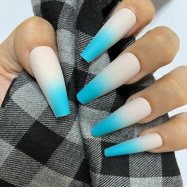 

false nails 2021 gradient matte french press on nail fake salon long ballerina full acrylic coffin manicure, Red;gold