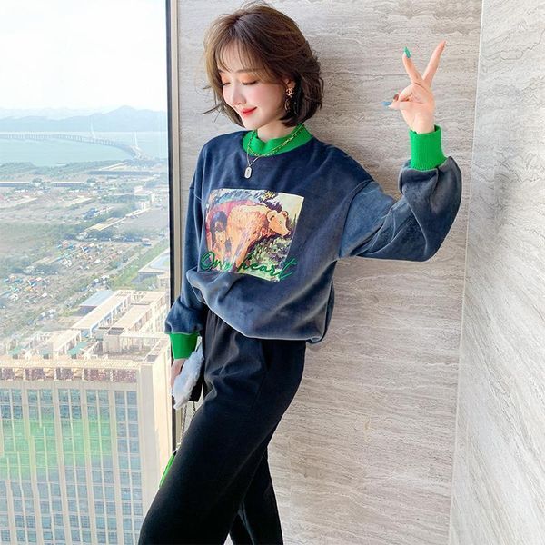 

women's tracksuits fashion printing embroidery patch letter bump color stitching thread velvet loose fleece female winter 20211, Gray