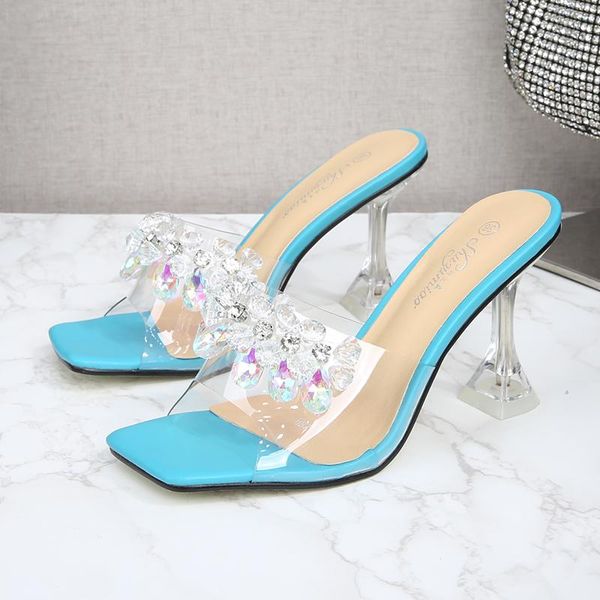 

women shoes crystal transparent pvc slippers square peep-toe slip-on outdoor high heels summer fashion mules, Black