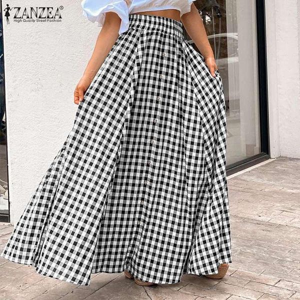 

elegant skirts women zanzea 2021 summer plaid long maxi casual elastic waist bottoms female a-line oversized 5xl, Black