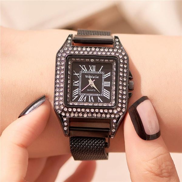 

wristwatches women watch luxury diamond montre femme 2021 magnet steel mesh belt fashion wrist watches square bracelet reloj muje, Slivery;brown