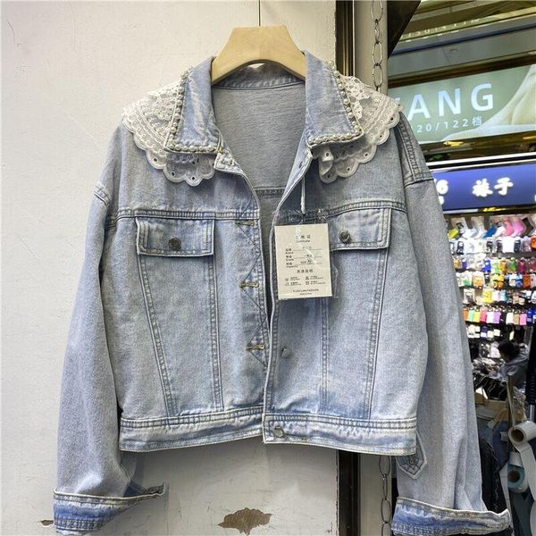 

women's jackets autumn women denim lace ruffle beaded long sleeve short female jacket coats streetwear tide, Black;brown