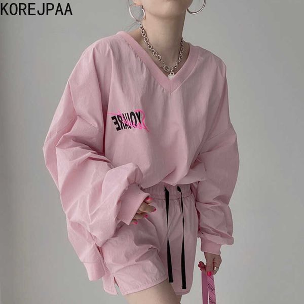 

korejpaa women sets summer korean chic gentle v-neck letter printed loose high-waist lace-up casual pants sports suits 210526, White