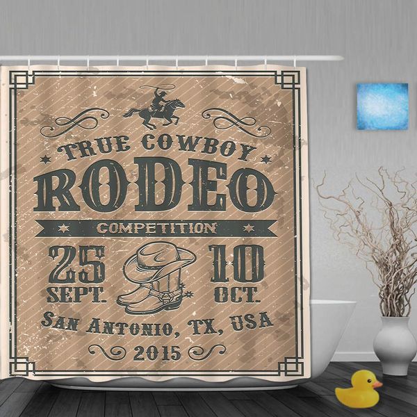 

polyester fabric shower curtain set with 12 plastic hooks decorative bath curtains,american cowboy rodeo poster with typography