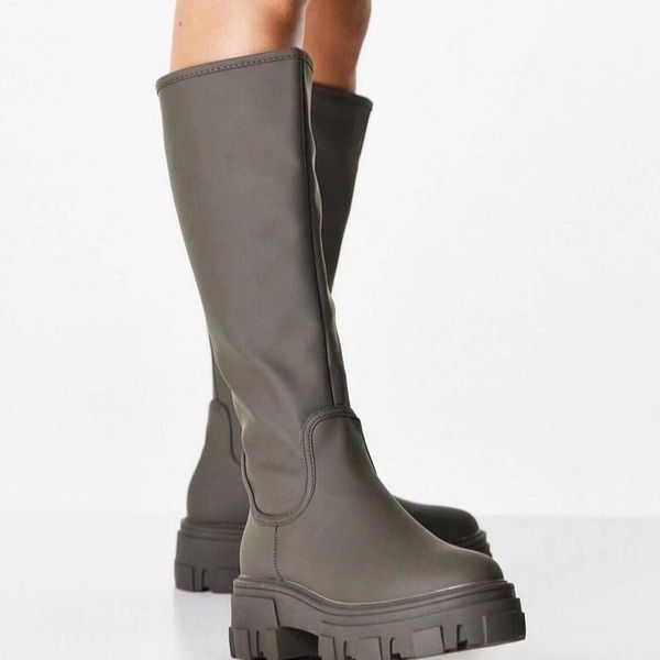 

boots ins chunky heels white fashion platform solid round toe women cool thick bottom casual, Black