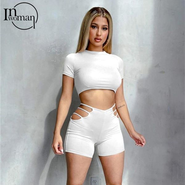 

women's tracksuits inwoman white 2 piece sets tight womens outfits hollow out summer two shorts tracksuit crop matching, Gray