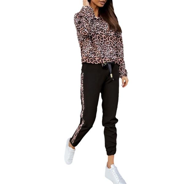 

women's two piece pants women casual spring autumn spliced leopard pullover long sleeve round neck knit loose drawstring female clothes, White
