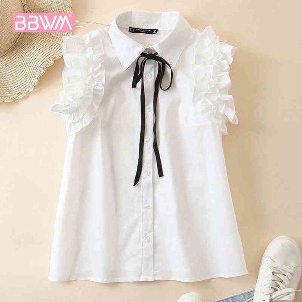 

harajuku white lapel bow sweet women's shirt summer retro folds to reduce age fresh chic cute female 210507