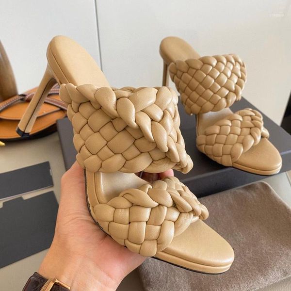 

dress shoes 2021 summer women round toe fashion sandals ladies weave thin heels slippers female woman shoes11, Black