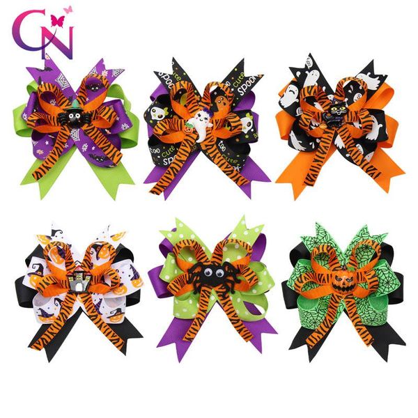 

hair accessories cn 2pcs/lot halloween ribbon bows for girls kids printed clips cute patches hairpin festival party, Slivery;white