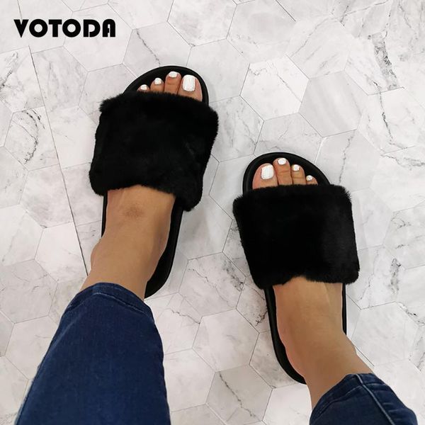 

fashion women plush slippers fur slides woman indoor furry home slipper flat soft flock female flip flop sweet fuzzy house shoes, Black
