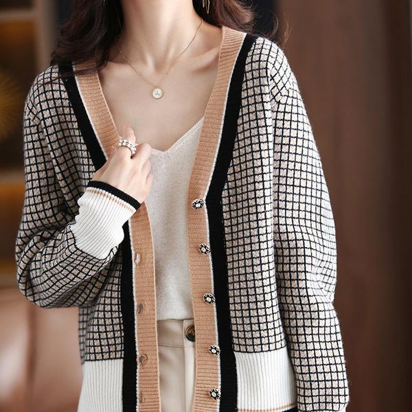 

women's wool & blends plaid coat women 2021 spring and autumn long sleeve loose v-neck knitted cardigan large, Black