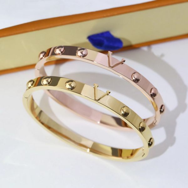 

europe america fashion style men lady women titanium steel engraved v initials six rivets 18k gold bangle bracelet 3 color, Black