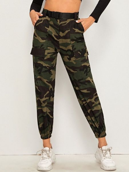 

camo buckle belted slant pockets cargo pants o8ze#, Black;white